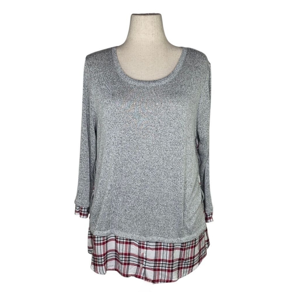 Westport Gray Knit Plaid Hem Tunic Top XL Layered Look Long Sleeve Cozy